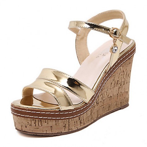 Women's Shoes PU Summer Wedges / Open Toe Sandals Dress / Casual Wedge Heel Sequin Silver / Gold